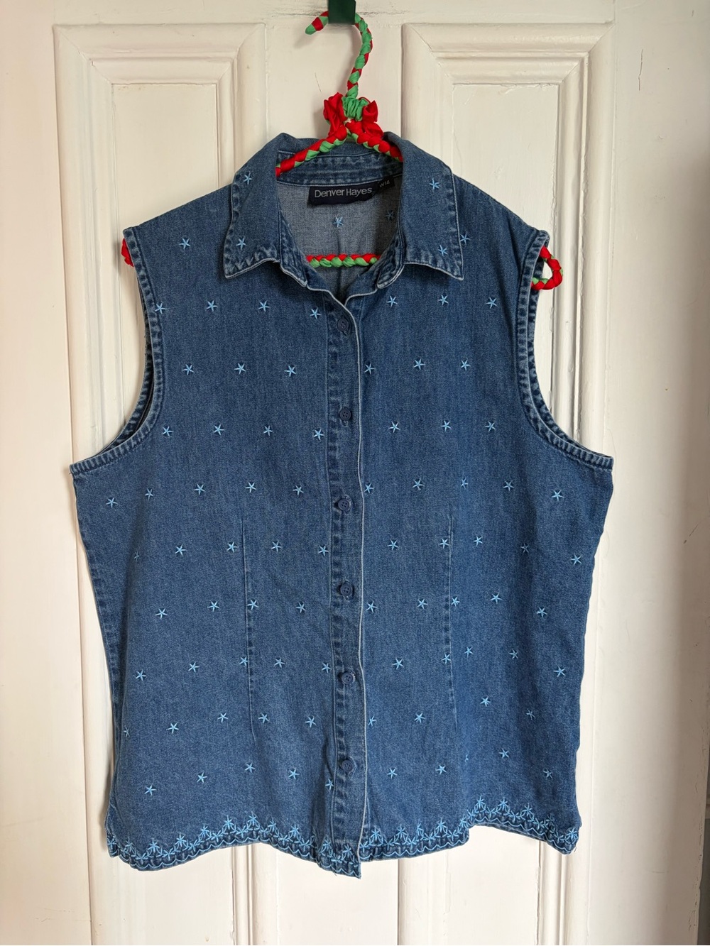 Denver Hayes Navy Blue Embroidered Denim Button-Down Shell